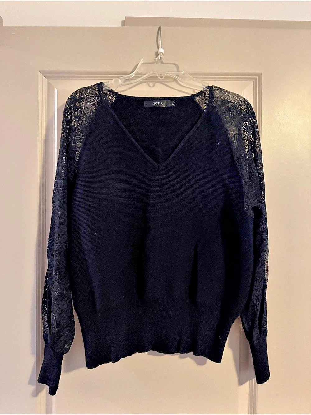 Black Lace Sleeve V-Neck Sweater Size XL